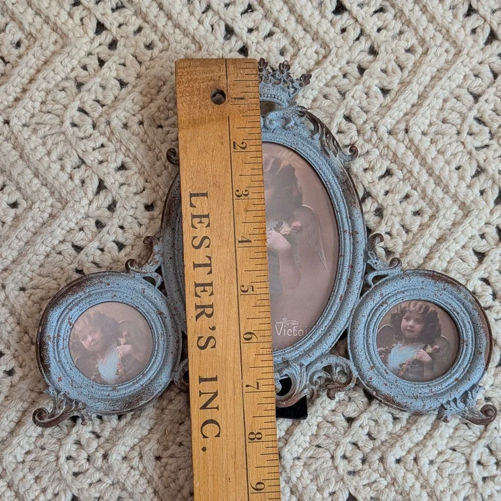 Vintage Style Ornate Crown Triptych Photo Frame Blue Distressed 3-Way Tabletop